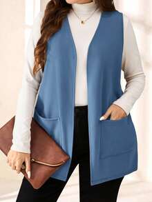 EMERY ROSE 大码纯色无袖宽松口袋简约休闲夹克，春夏，夏季服装，度假装女士/秋冬度假装 - 藍色 - 查看 1