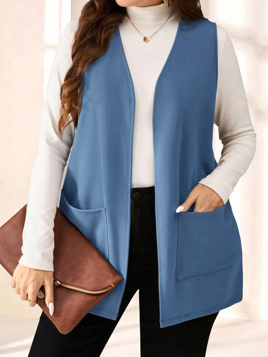 EMERY ROSE 大码纯色无袖宽松口袋简约休闲夹克，春夏，夏季服装，度假装女士/秋冬度假装 - 藍色 - 查看 1