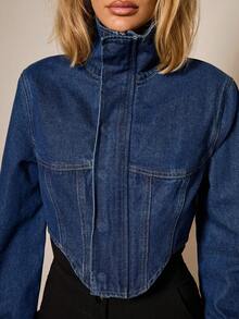 COSMINA Women's Casual Stand Collar Cropped Denim Jacket, Autumn Jean Jacket For Women - Dark Wash - View 7
