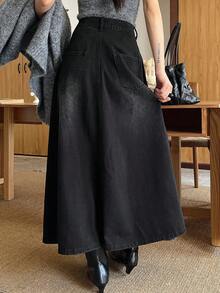 DAZY 女士A字牛仔裙，宽松休闲优雅 - 黑色 - 查看 6