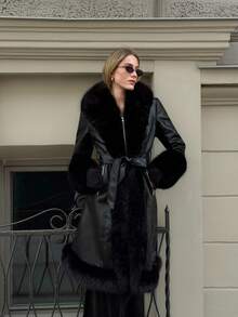 MOTF PREMIUM PU 皮革对比人造毛皮腰带大衣 - 黑色 - 查看 5