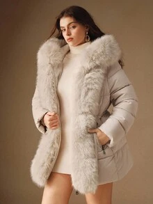 Anewsta Manteau mi-long élégant pour femmes grandes tailles, avec capuche en fausse fourrure et taille cintrée