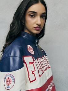 TypaGal The Graphic Moto Jacket Features Bold Stripes And Patches, Making It A Statement For Fall Tops Women, Winter Jacket Wardrobes, And Business Casual - Multicolor - View 4