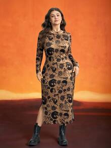 SHEIN LUNE Plus Size Round Neck Long Sleeve Fitted Elegant Charming Striped Design Midi Dress Brown,Autumn,Goth,Rave Fall Women Halloween Party Dress - Multicolor - View 7