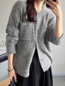 FRIFUL Women's Light Gray Round Neck Drop Shoulder Long Sleeve Pocket Decor Loose Casual Cardigan, Versatile For Autumn - Dark Grey - View 5