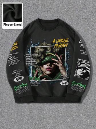 Street Life Men's Casual Comfortable Fashionable Black Crew Neck Sweatshirt With Printed Pattern, Autumn/Winter