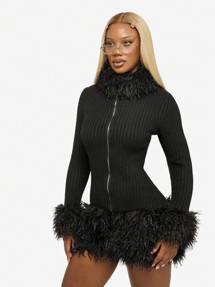 SUMWON WOMEN Sukienka mini z prążkowanej dzianiny z piórkowym wykończeniem i zamkiem z przodu