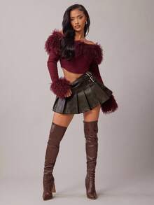 Radiana Casual Versatile Pleated Mini Skirt For Women Belt Skirt Leather Skirts Burgundy Skirt Brown Skirts,ملابس شتوية للنساء - Coffee Brown - View 3