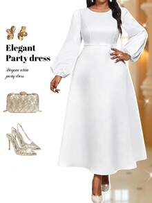 Fleurora 秋冬优雅端庄派对婚礼鸡尾酒会音乐会/音乐节办公室白色梭织缎面圆领喇叭袖中长袖加大码连衣裙 - 白色 - 查看 1