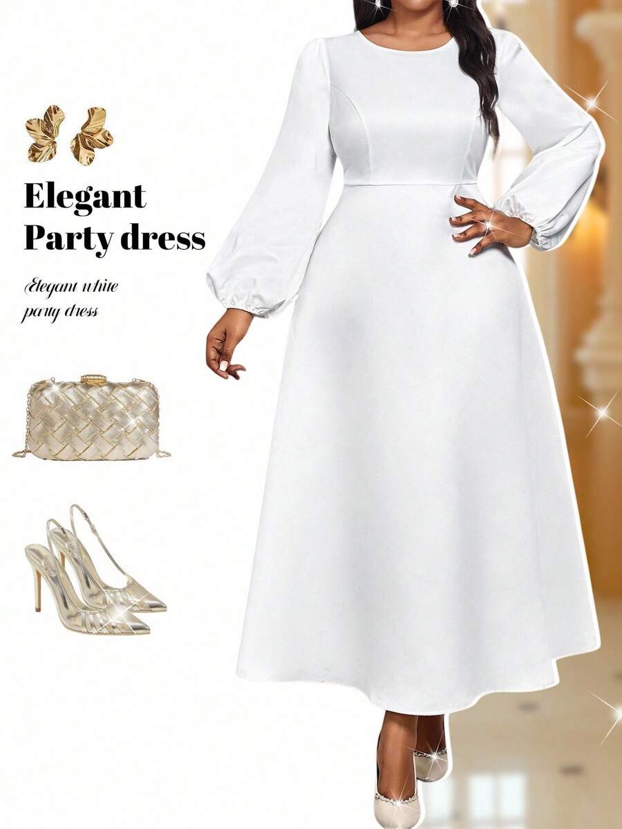 Fleurora 秋冬优雅端庄派对婚礼鸡尾酒会音乐会/音乐节办公室白色梭织缎面圆领喇叭袖中长袖加大码连衣裙 - 白色 - 查看 1