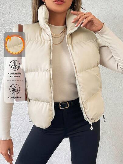 EURMUSE Zip Up Drawstring Hem Vest Puffer Coat, Ladies Spring/Fall Casual Drawstring, Pocket, Zipper Funnel Neck Regular Fit Apricot Plain Women Padded Coats, Winter Warmth/ Winter Fashion