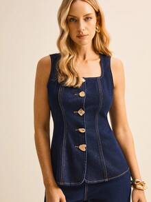 Daynim 女式休闲金属单排扣方领无袖牛仔上衣 - 深色水洗藍 - 查看 5