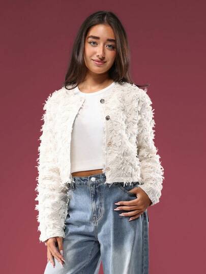 SUMWON Jachetă de tweed cu franjuri texturate de lux, scurtă, cu nasturi, inspirată de petrecerea de seară, pentru ocazii speciale, pentru sărbători, piesă vestimentară de seară