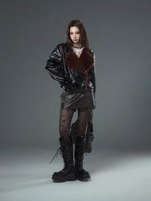 Bloopia Subculture Punk Rock Thời trang đường phố Thiết kế cá nhân cho nữ Thu/Đông Halloween Đinh tán Kim loại Trang trí Da giả Da PU Cổ áo lông thú giả Áo khoác dáng rộng - màu đen - Xem 7