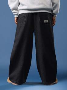 SUMWON 棉质青少年男童阔腿牛仔裤滑板风格经典原色牛仔宽松版型街头潮流休闲宽松裤四季日常下装宽松剪裁 - 黑色 - 查看 4