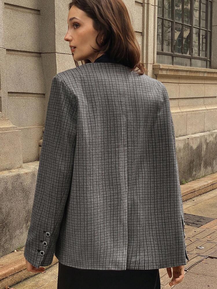 Elegant Loose Fit Plaid Lapel Patchwork Long Sleeve Swing Coat For Women, Autumn/Winter