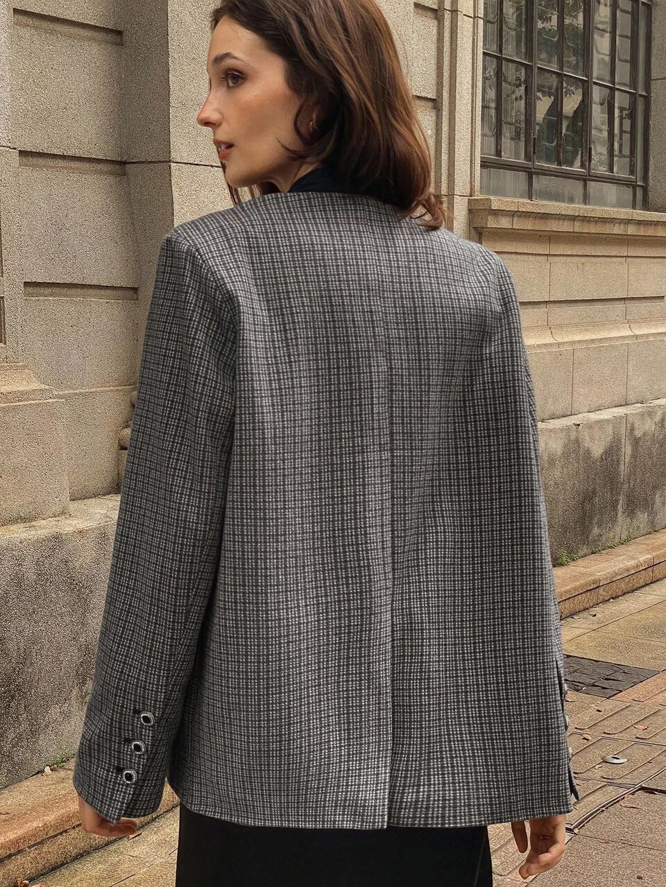 Elegant Loose Fit Plaid Lapel Patchwork Long Sleeve Swing Coat For Women, Autumn/Winter