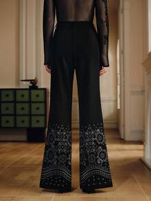 Anewsta Pantalones de oficina de cintura alta con bordados y decoración de rhinestones para mujer - Negro - Ver 3