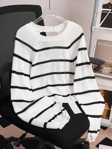 SHEIN Unity New Arrival Round Neck Black & White Striped Lantern Sleeve Backless Bowknot Fashionable Urban Sexy Women Sweater Fall Winter Cloth For Women - Black and White - View 2