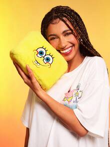 SpongeBob SquarePants | SHEIN 1pc Cute Plush Catoon Pattern Large Capacity Cylindrical Makeup Bag, Handheld, Super Spacious, Can Store Cosmetic Bottles & Daily Necessities, Suitable For Women & Teenagers