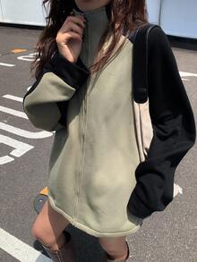 DAZY 女式撞色宽松立领长袖休闲羊毛夹克秋冬 - 軍綠色 - 查看 5