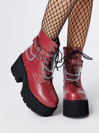 Grunge Punk Botas de tobillo con suela gruesa y tacón ancho de estilo punk para mujer, con decoración de cadena metálica gótica, plataforma, botas de combate cómodas, para Halloween
