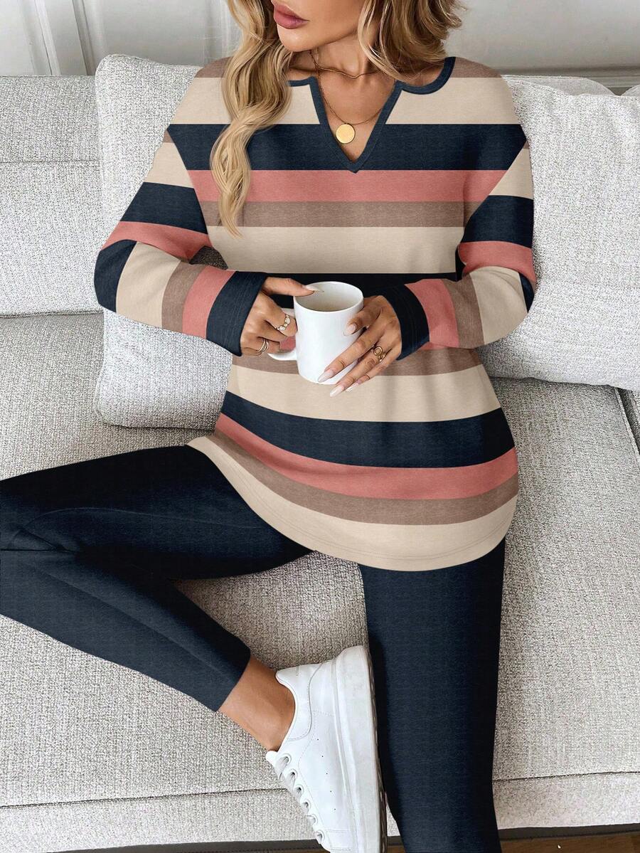 SHEIN LUNE 2pcs Women Long Sleeve T-Shirt And Leggings Set, Autumn/Winter 2 Pieces Maternity Set Maternity Shirts For Women Maternity Clothes Fall Maternity Outfits Striped Long Sleeve - Multicolor - View 1