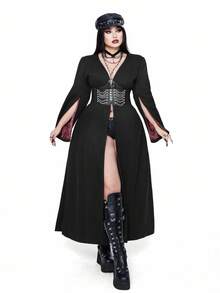 Whyspr Casual Punk V-Neck Long Sleeve Cuff Slit Faux Leather & Wool Blend Zip-Up Punk Style Printed Lining Long Maxi Coat, Plus Size, Black, Autumn/Winter