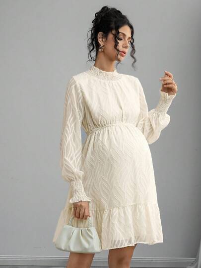 Momance Maternity Solid Color Stand Collar Long Sleeve Elegant Waist Cinched Dress