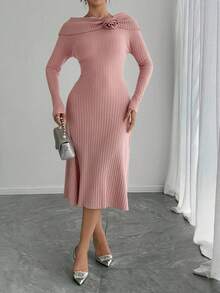 DAZY Off Shoulder Vintage Sweater Dress, Slimming Effect, Autumn/Winter New Arrival - Pink - View 4