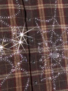 NEON BLANC Men's Street Fashion Woven Rhinestone Spider Web Plaid Short Sleeve Shirt - Brown - View 6