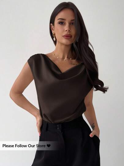 Firerie Summer New Elegant Asymmetric Ruffle Collar Sleeveless Satin Bodysuit For Women, Apricot Color, Minimalist Design, Suitable For Dates, Commuting, Office Wear, Chic