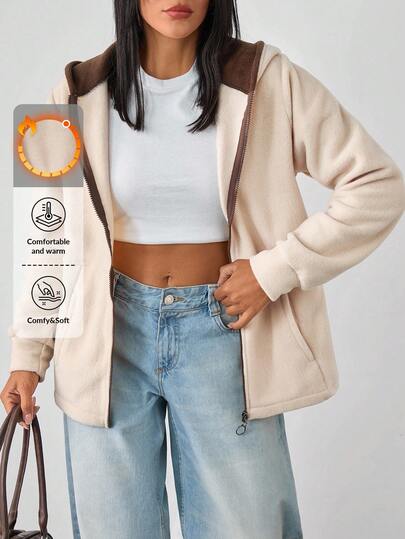 EURMUSE Solid Color, Hooded, Zip Up, Teddy, Jacket Streetwear