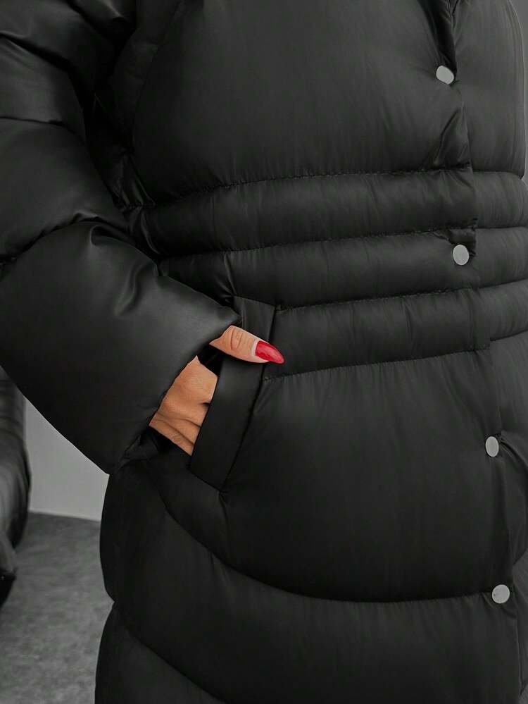 EURMUSE Women Solid Color Hooded Long Winter Coat - Black - View 7