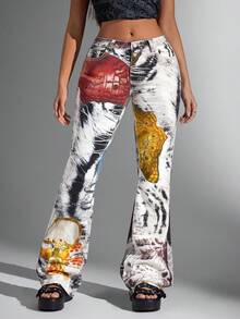 Jeanoix Quần ống loe in họa tiết kỹ thuật số thời trang thường ngày cỡ lớn dành cho nữ - Nhiều màu - Xem 4