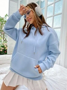 SHEIN MOOSTA Slogan Graphic Drop Shoulder Drawstring Thermal Lined Hoodie LOVE YOURSELF,Long Sleeve Tops Graduation,Back To School Outfits,Graduation,Teacher Outfits For Women,Back To School Pullover Fall Outfit - Baby Blue - View 5