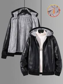 SHEIN Tween Boys' Casual Everyday Versatile Comfortable Motorcycle Style PU Faux Fur Lined Thick Woven Jacket Suitable For Birthday Parties, Evening Parties, Performances, Weddings, Baptisms, Opening Ceremonies Daily Suitable For Daily Use Suitable For School Suitable For Travel Suitable For Sports Suitable For Autumn And Winter Hooded Jacket Faux Leather Jacket Jackets For Tweens Zip Up Jackets Tween Teen Boy Jackets Fall - Black - View 1