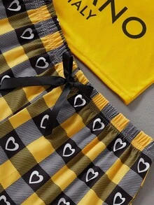 2件套年轻休闲字母印花吊带背心和格子短裤睡衣 - 黃色 - 查看 4