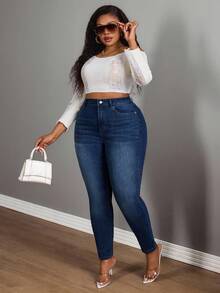 Slaydiva Plus High Waist Bow Back Skinny Jeans - Medium Wash - View 5