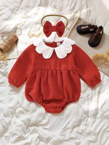 SHEIN 女婴红色提花长袖连体衣，带花朵领，配蝴蝶结发带，秋冬季