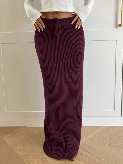 Aloruh 女士优雅低腰蝴蝶结装饰迷人深酒红色超长针织裙