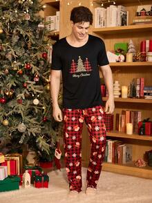CoupledUp Christmas Element Print Short Sleeve Pants Men Pajama Set - Multicolor - View 4