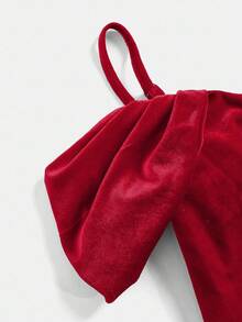 Pitira 青少年女孩优雅纯色勃艮第露肩荷叶边袖合身美人鱼长裙、圣诞礼服、化妆舞会礼服、红色礼服、仙女裙、圣诞派对礼服 - 紅色 - 查看 4