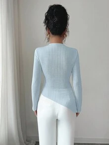 Selianne Y2K 风格女式奶油色条纹纹理针织立领长袖褶饰修身不对称金属纽扣装饰 T 恤，适合春秋休闲装和分层穿着 - 藍色 - 查看 2