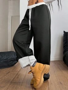 Coolane 女士秋冬休闲简约日常必备黑色针织阔腿弹力腰抽绳宽松直筒运动裤，带保暖内衬 - 黑與白 - 查看 3
