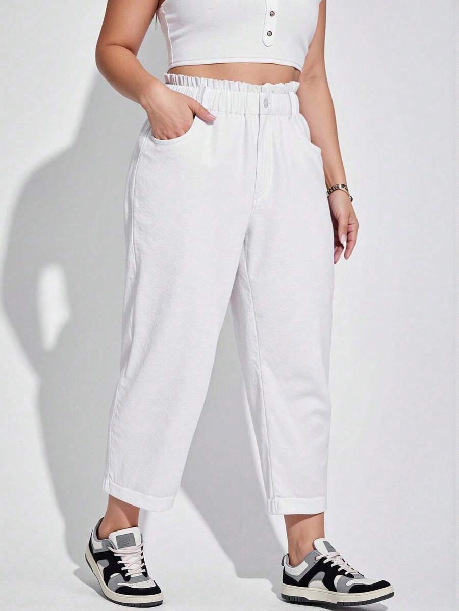 SHEIN ICON 加大尺碼女士休閒錐形牛仔褲，褶邊修邊及腰內袋設計