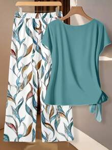 EMERY ROSE Bộ đồ hai mảnh màu xanh ngọc trơn tay cánh dơi thắt nút bên hông cỡ lớn dành cho nữ, trang phục cho mẹ cô dâu, trang phục dự tiệc thanh lịch dành cho phụ nữ, phụ nữ - Màu xanh ngọc - Xem 2