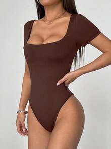 Fiercella Fiercella Women's Solid Color Slim Fit Minimalist Square Neck Short Sleeve Bodysuit, Versatile For Daily Commute - Brown - View 3