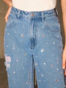 Anewsta 时尚钻石缀饰女式蓝色直筒牛仔裤 - 藍色 - 查看 7