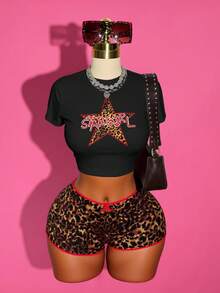 Slaydiva 2025夏季新款街头休闲修身白色短袖豹纹T恤+豹纹撞色蕾丝拼布短裤女两件套,音乐节,复活节,度假,辣妹,休闲街头,毕业典礼,日常出游,派对聚会-A - 黑色 - 查看 3